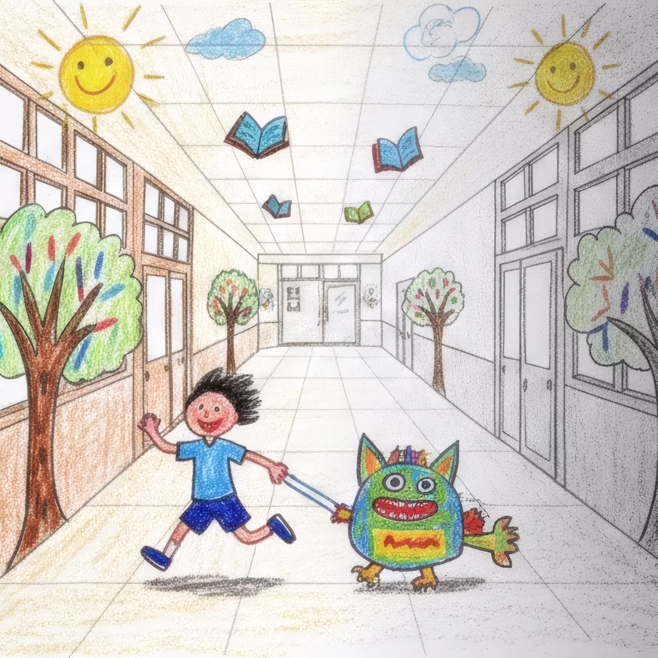 A child's colorful drawing slowly fading to grayscale as it moves through a school hallway